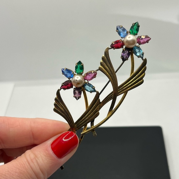 Flower SYMMETALIC rhinestone Vintage STERLING Silver 14KT Gold Brooch Pin - Picture 3 of 16